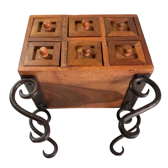 Balinese Wooden Jewelry Box Has 6 Distinct Pull Out Drawers on Wrought Iron Legs - Picture 2 of 16